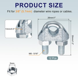 uxcell 12 Pcs M8 Steel Wire Rope Clip Clamps, 5/16" Wire Rope U-Bolt Cable Clamps Saddle Fastener for Wire Rope Rigging Tent Rope Guardrail System