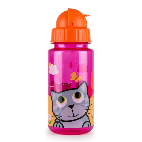 TUM TUM Flip Top Kids Water Bottle with Straw, Tritan Toddler Water Bottle, 400ml, BPA Free, Bluebell The Cat