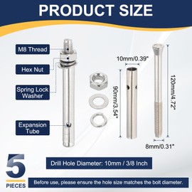 PATIKIL M8 x 120mm 304 Stainless Steel Expansion Bolts, 5 Pcs External Hex Expansion Screw Bolt Sleeve Lengthened for Concrete Drywall Construction Projects, Silver