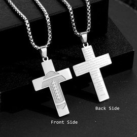 HattiDoris Football Cross Necklace for Boys Inspirational Bible Verse Cross Pendant Stainless Steel Chain 22+2 inch Football Sports Jewelry Football Gift for Men Women(S-Our Father)
