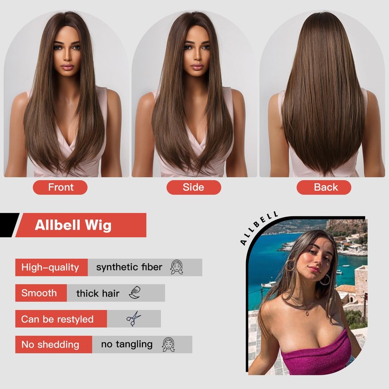 Allbell Brown Bob Wig with Bangs for Women Short Wavy