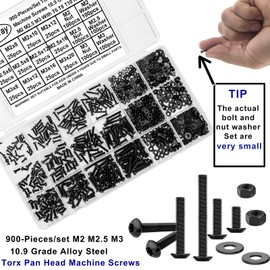 FandWay 900Pcs Bolts and Nuts Set,M2 M2.5 M3 Torx Button Head Machine Screws,Pan Head Torx Screws,10.9 Grade Alloy Steel Black Bolts and Washers Set Fully Threaded With T6 T8 T10 Wrench.