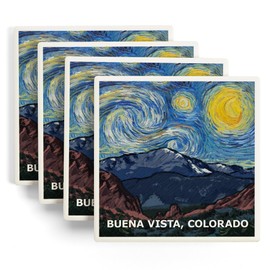 Buena Vista, Colorado, Pikes Peak, Starry Night (Absorbent Ceramic Coasters Set of 4 Matching Images, Cork Back, Kitchen Table Decor)