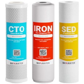 Max Water 10x2.5 Iron & Manganese Whole House Water Filter Replacement Set | 3 Stage Water Filtration System 10" Cartridge Kit | 5 Micron Sediment, Iron Manganese & CTO Carbon Filters