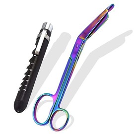 AAProTools Heavy Duty Reusable Penlight + Multi Rainbow Color Nurse Doctor Medical Lister Bandage Scissors Shears One Large Ring (Black + Bandage Scissors 7.25")