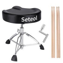 Seteol Heavy Duty Drum Throne 330 lbs, Saddle Drum Stool Height Adjustable, Ergonomic Thick Padded Drum Seat with 2 Pairs 5A Drumsticks & Drum Key for Adult Drummers