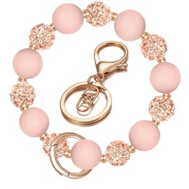 M-Plateau Wristlet Keychain, Silicone Beaded Wrist keychain with Key Ring for Women, Elastic Keychain Bracelet (Pink Gold)