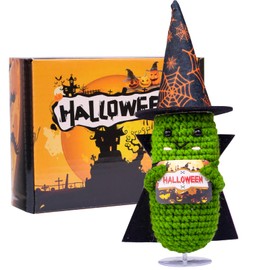 CoFuBcad Mini divertido regalo de manto emocional de pepino bruja sombrero y capa, lindo muñeco de punto de ganchillo pepino con sombrero mágico juguete con decoración de fiesta de habitación