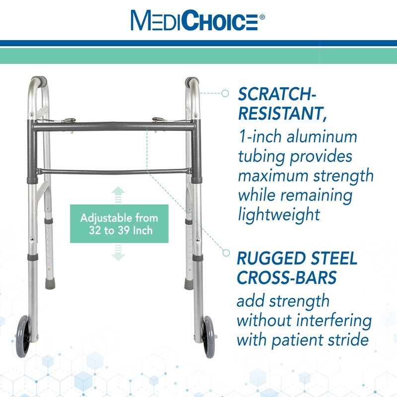 MediChoice Dual-Release Two Button/Folding Walker, Height Adjustable with 5 Inch