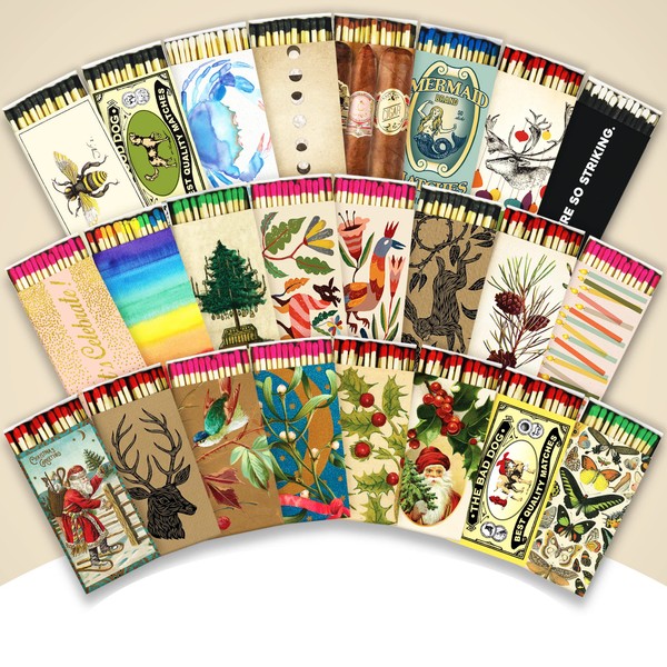 HomArt Matchbox Designs of Your Choice (2 Unique Box Designs with 4" Matches, Striking Stickers by Thankful Greetings) Decorative & Festive for Home Decor, Gifts, Accessories | Long Safety Matches