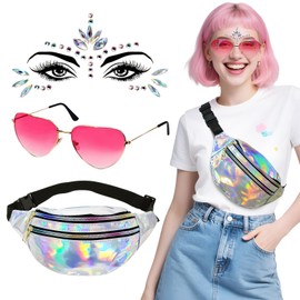 BOFUNX 90s Outfit Women's Metallic Bum Bag + Glitter Stones Face + Heart Glasses 90s Party Outfit for Hippie Neon Mallorca Carnival 90s Party Festival Outfit Accessories