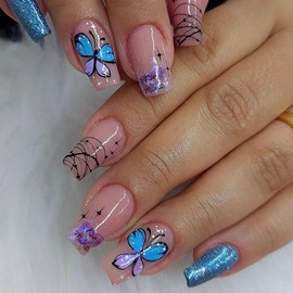 Vezocim Press on Nails Coffin with Blue Butterfly Designs, 24Pcs Artificial Medium Nude Fake Nails with Glue, Full Cover Glossy Acrylic Butterflies False Nails, Stick on Fingernails for Women (W533)