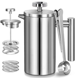 WORBIC French Press Stainless Steel, 34oz Double-Wall Insulated 304 Stainless Steel, 3 Level Filtration System with 3 Extra Filter Screens, French Press Stainless Steel for Home, Camping and Office