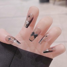 CATKIN Press On Nail Fasle Nail with design 24pcs Full Cover Reusable Acrylic Nails Artificial Nails for Women girls Long Square Decoration Fake Nails Black Princess