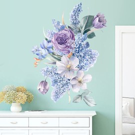 DRWSSR 3D Watercolor Flowers Wall Sticker Purple Romantic Fresh Floral Wall Decals Creative DIY Peony Peel Stick Art Decor for Girls Babys Bedroom Living Room Office Party Supplies Wedding Decoration