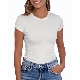 PALINDA Women's Fitted T Shirts Crew Neck Short Sleeve Tees Basic Casual Stretchy Tshirt Tops (Creamy White M)