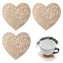 3 Pcs Heart-shaped Coasters for Drinks, Gold PVC Thin Heat-Resistant Coaster Set, Small Drink Coaster forTable Mat Home Decor Tabletop Protection for Kinds of Cups