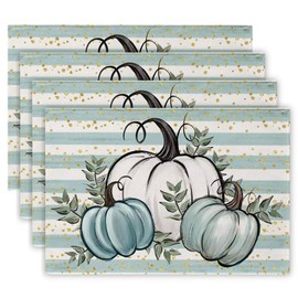 Simpeak Thanksgiving Placemats, 12x18 Inch Pumpkins Fall Harvest Placemats Set of 4, Seasonal Maple Leaves Autumn Table Mats Place Mats for Thanksgiving Party Kitchen Dining Decoration (Blue)