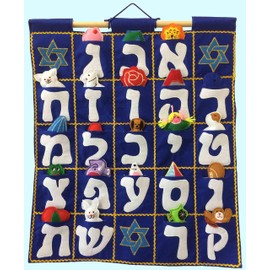Pockets of Learning Aleph Bet Wall Hanging Chart - Blue | Interactive Hebrew Felt Wall Décor for Children | Jewish Fabric Alphabet Kid's Room Décor with Felt Toy Objects in the Pocket
