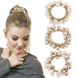 Framendino, 3 Pack Pearl Hair Scrunchies Beads Ties Elastic Ponytail Holders for Female Ladies