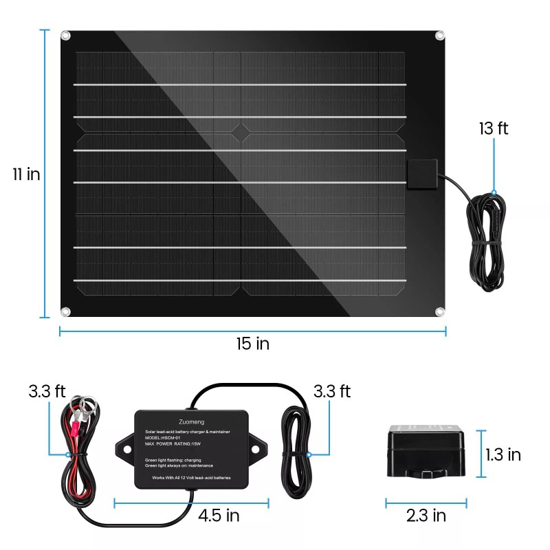 Zuomeng Solar Battery Charger Maintainer 15W Panel Kit Dump Trailer