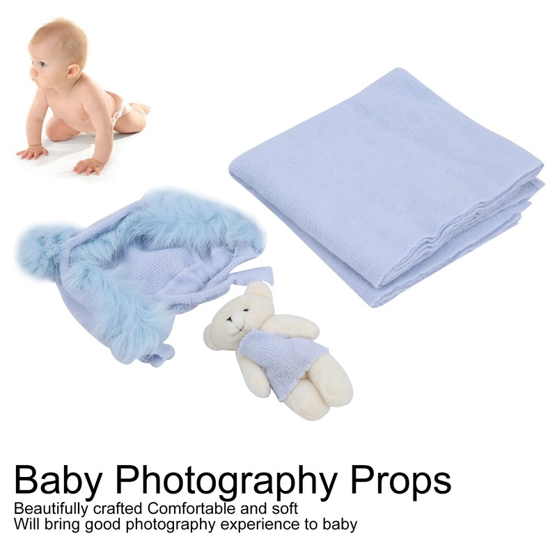 3pcs Baby Photography Props Soft Newborn Photo Blanket Doll Hat