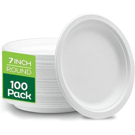 Super Rigid Disposable Plates (7 Inches) (Pack of 100) 100% Biodegradable, White Bagasse Paper Plates, Made of Sugarcane Fibers - Perfect for Picnics Parties