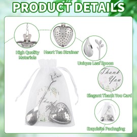 50 Sets Bridal Shower Tea Party Favor for Heart Shape Infuser Ball for Loose Guest Leaf Tea Spoon with Thank You Card Organza Bag Wedding Favors Tea Party Decorations Elegant Party Favors(Silvery)