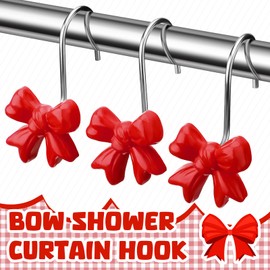 Yaocom 12 Pcs Red Bow Knot Shower Curtain Hooks Rustproof Metal Decorative Shower Hangers Bulk Glide Shower Curtain Rings for Bathroom Bedroom Living Room Art Decor (Classic)