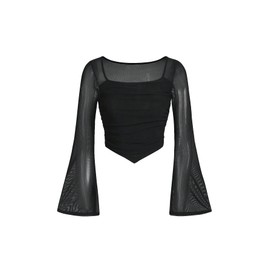 Floerns Girls Bell Long Sleeve Square Neck Asymmetrical Hem Mesh Ruched Crop Tops Tees Black 12-13Y