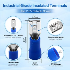 Baomain 200-Pack 0.187" Female Quick Disconnect Spade Terminals, 16-14 AWG 4.8mm (3/16 inch), Insulated Crimp Connectors Blue