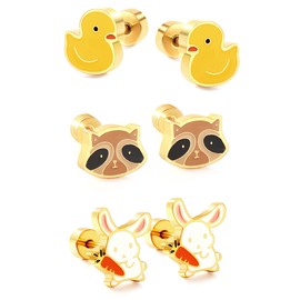 Oruworu 3 Pairs Stainless Steel Silver Cute Stud Earrings for Women Hypoallergenic Earrings Strawberry Flower Rainbow Stud Earrings Flat Back Earrings for Women Fashion Jewelry Sets(animal)