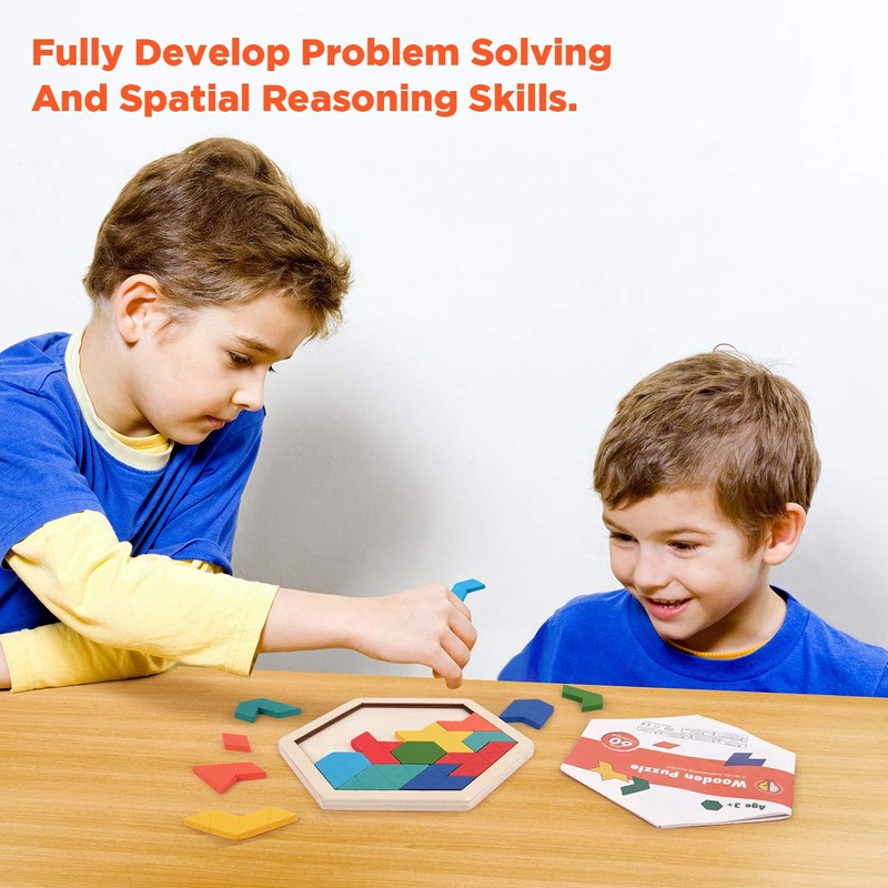 Wooden Hexagon Tangram Puzzle for Kids Adults, Geometric Shape Pattern
