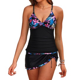 Daci - Trajes de baño tankini con falda para mujer, dos piezas, con control de abdomen, 2 piezas, Negro Floral, Large