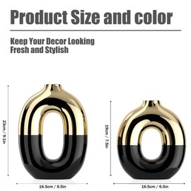 Black and Gold Ceramic Vase Set Home Decor,Round Donut Vase for Pampas Grass for Shelf Decor Home,Nordic Modern Oval for Bookshelf,FireplaceMantle,Centerpieces,Farmhouse,Rustic Décor