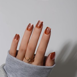 KQueenest Cat Eye Press On Nails Short Coffin, 30 Pcs Glitter Reddish Brown Press On Nails Summer, Sparkly Fake Nails With Glue, Glass Nails Press ons, Reusable Soft Gel Stick on Nail for Women Gift