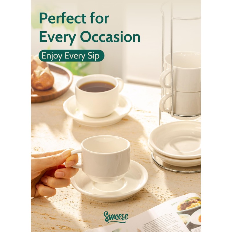 Sweese Porcelain Espresso Cups Set, 4 oz Stackable Cups with