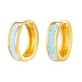 Opal Stud Huggie Hoop Earrings: Hypoallergenic 14K Gold/Silver/Rose Gold Plated Small Hoop Earrings for Women Sensitive Ears, Yellow Gold, Created Opal