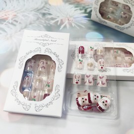 Christmas Candy Cane Press on Nails Deer Acrylic Fake Nails Short Square Glossy Gold Glitter False Nails Christmas Hats Stick on Nails Christmas Tree Gel Glue on Nails for Coquette Women Girls 24 Pcs