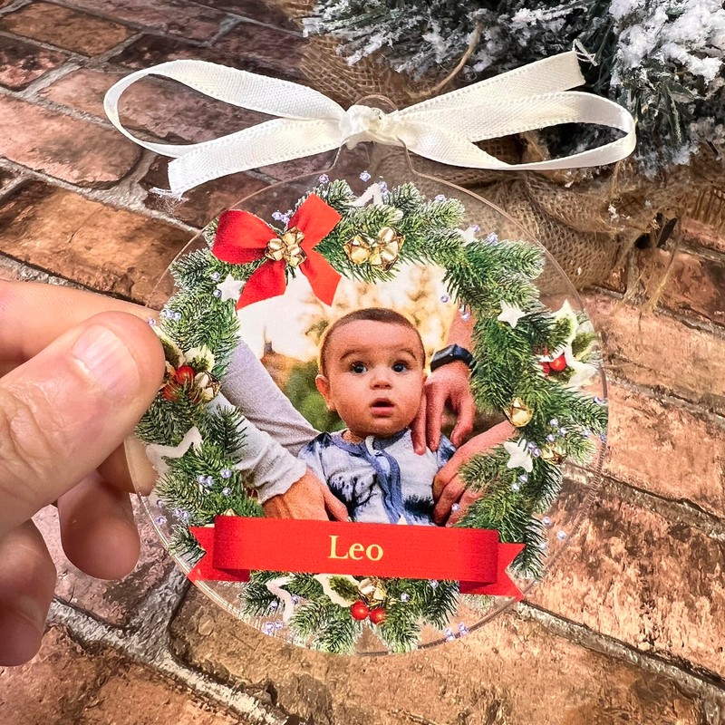 1 Personalised Customised Christmas Xmas Festive Photo Upload Wreath Acrylic