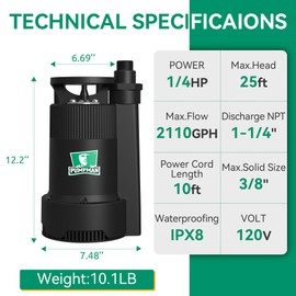 PUMPMAN 1/4HP Portable Water Pump, 2110GPH Submersible Utility Pump with 3/4” Garden Hose Check Valve Adapter Electric Sump Pump, 120V, Removal for Pool Draining Basement Hot Tubs Garden