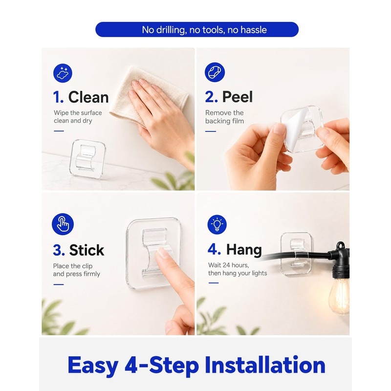 Hooks for Outdoor String Lights Clips, Clear Adhesive Strips, 50pcs