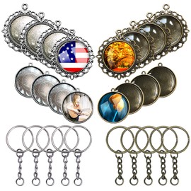 Allazone Round Double-Sided Pendant Trays and Glass Cabochon with Key Ring for Bracelet Necklace Crafting DIY, Gift Making