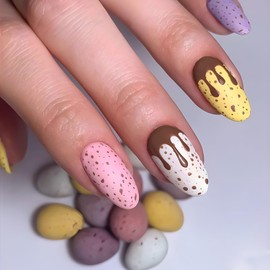 Easter Press on Nails Medium Almond Fake Nails White Pink Glue on Nails Easter Egg False Nails Yellow Artificial Nails Easter Nails Press on Acrylic Full Cover Stick on Nails for Women Manicure 24Pcs