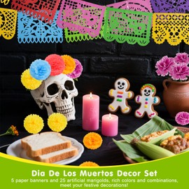 SEISSO 5PCS Mexican Party Banners & 25PCS Artificial Marigold Flowers, Papel Picado Mexicano para Fiesta Banner, Dia De Los Muertos Decorations Day of The Dead Decor Set for Mexican Party