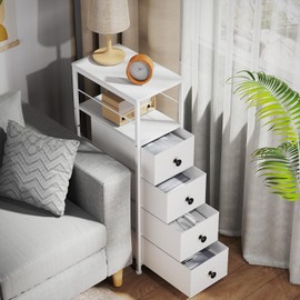 YBING Narrow Dresser for Bedroom, Slim Side Table with Drawer, Dresser Storage Cabinet with 4 Fabric Drawers, Chest of Drawers for Small Space, White