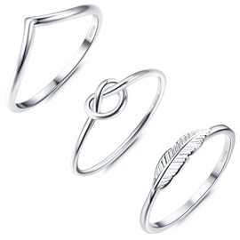 Krfy Pack of 3 925 Sterling Silver Rings Ankle Rings for Women 18 Carat White Gold Love Knot Feather Dainty Rings Thumb Finger Stackable Rings Set Band Rings for Women Girls, Size: