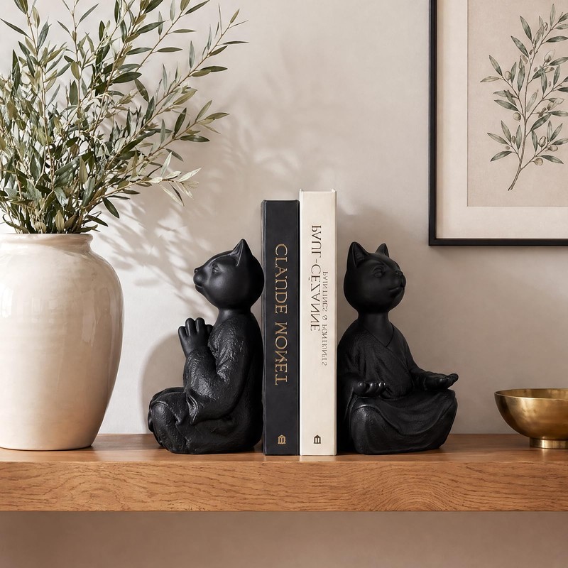 Meditating Cat Bookends, Zen Style Decorative Cat Statue Bookends, Heavy