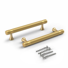 Bar Cabinet Handle Knob Pull Brushed Satin Gold/Brass Finish with Knurled 6" (5" Hole Center) for Kitchen Cabinet Hardware/Dresser Drawer Handles, 10 Pack