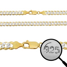 HarlemBling Men's Flat Cuban Chain Or Bracelet - 14k Gold Over Solid 925 Sterling Silver - Made In Italy - Two Tone Diamond Cut (8.5" (Bracelet))